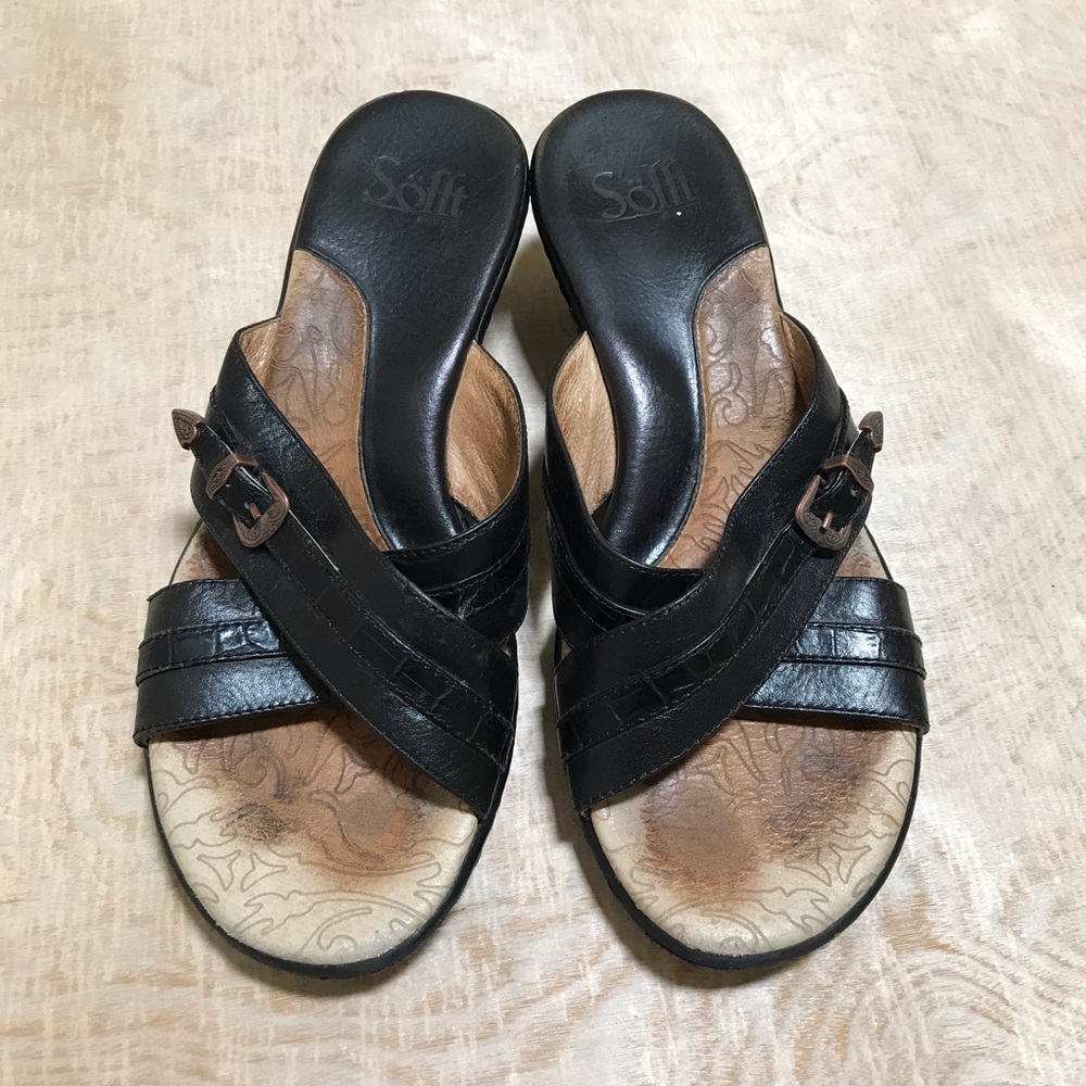 Sofft Black Leather Slides Comfort Sandals Cushioned Casual Size 7